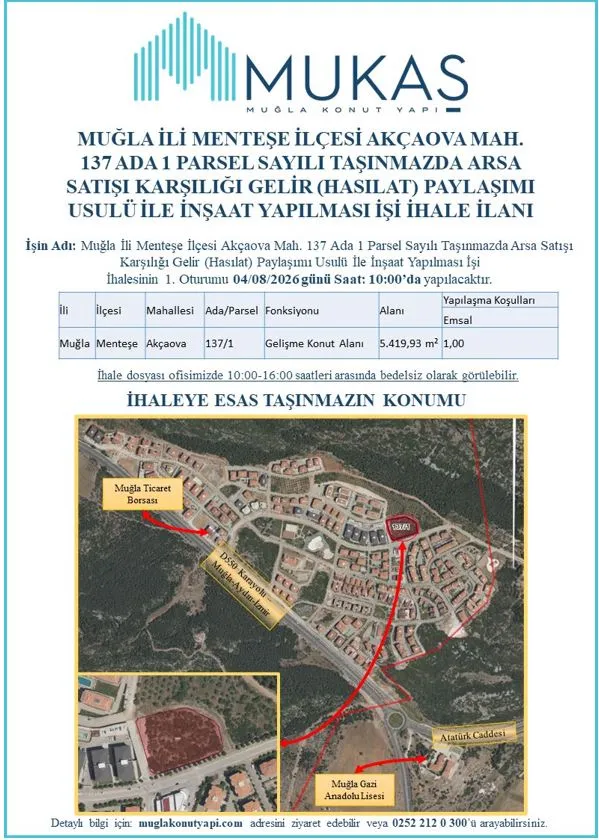 “Muğla Menteşe Akçaova’da Arsa Satışı Karşılığı Gelir Paylaşımı İhalesi 4 Ağustos’ta”